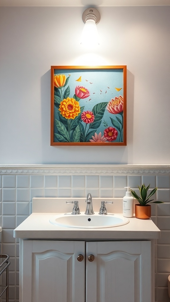 A colorful floral artwork above a bathroom sink, featuring bright flowers and a blue background.