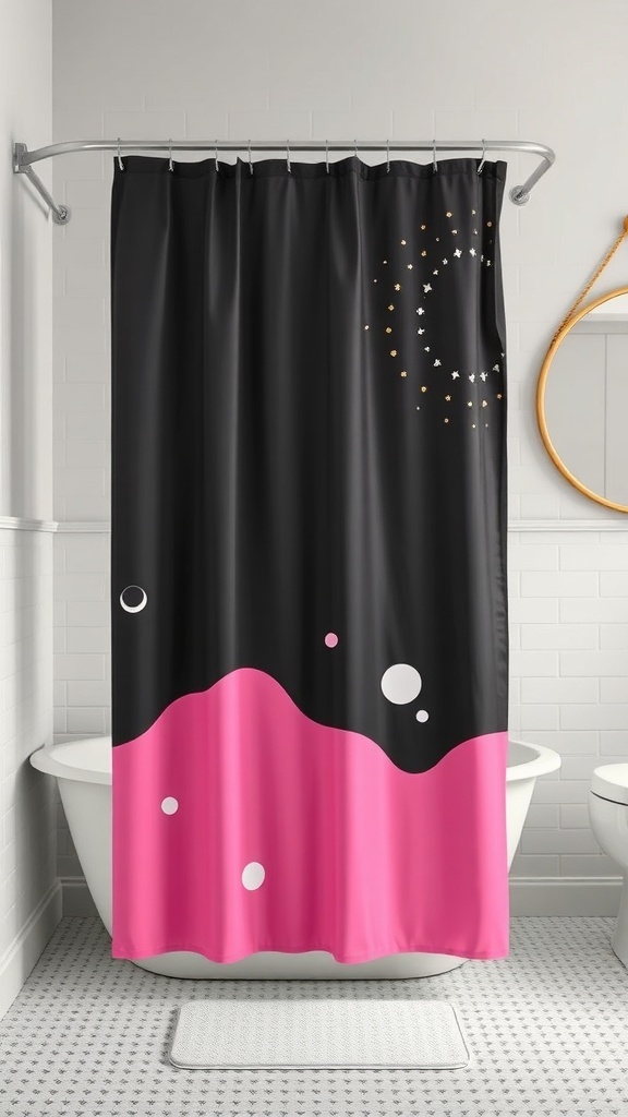 A trendy black and pink shower curtain with a modern design featuring pink waves and white circles.