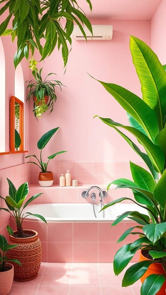 A pink bathroom featuring lush green plants and a stylish bathtub.