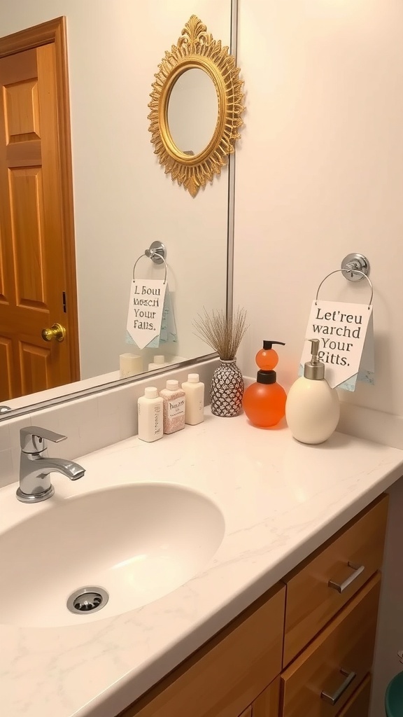 A bathroom counter featuring a golden mirror, humorous signs, colorful soap dispensers, and a vase with dried grass.