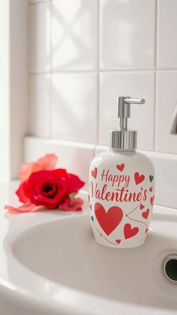 A white soap dispenser with 'Happy Valentine's' text and red hearts, next to a red rose on a bathroom sink.