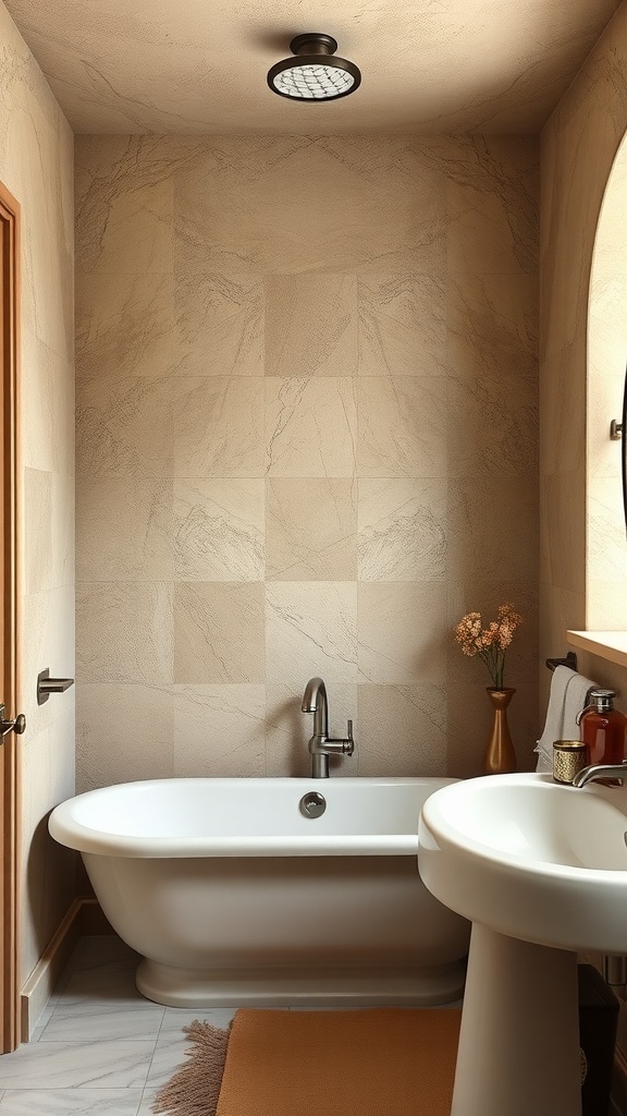 A cozy Tuscan bathroom featuring textured beige walls, a white bathtub, and a modern sink.