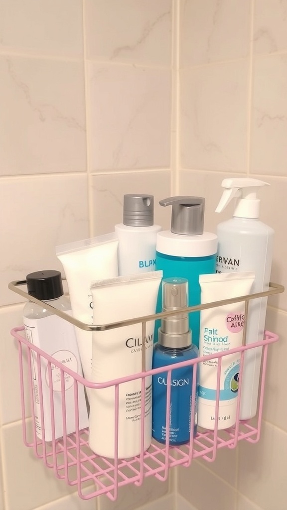A pink shower caddy filled with various bath products in a bathroom setting.