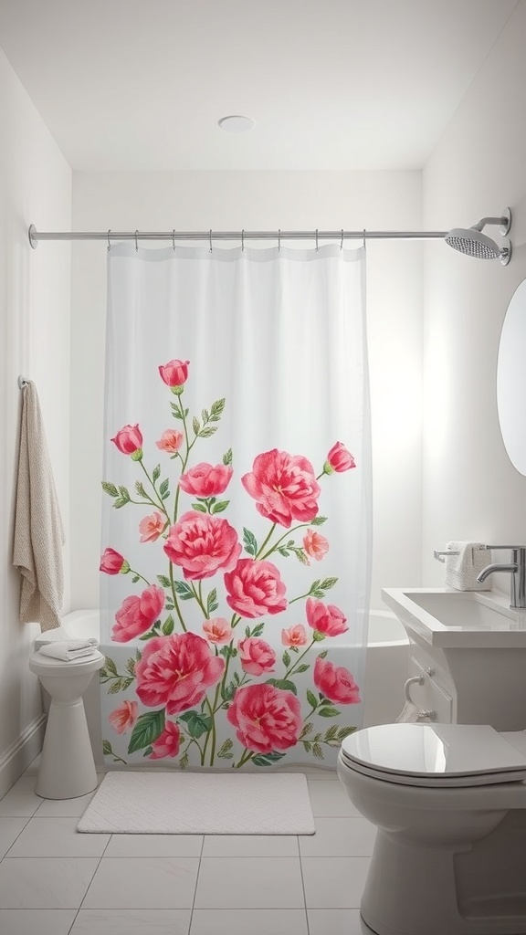 A bathroom featuring a floral shower curtain with pink roses, a white toilet, and a sink.