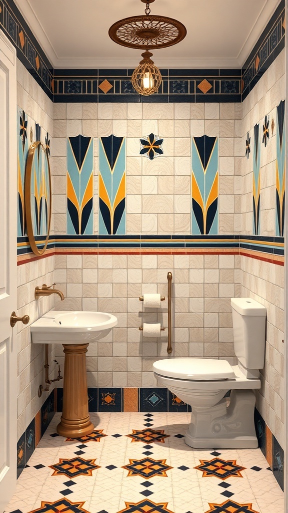 A vintage bathroom featuring Art Deco design with geometric tiles and a stylish mirror.