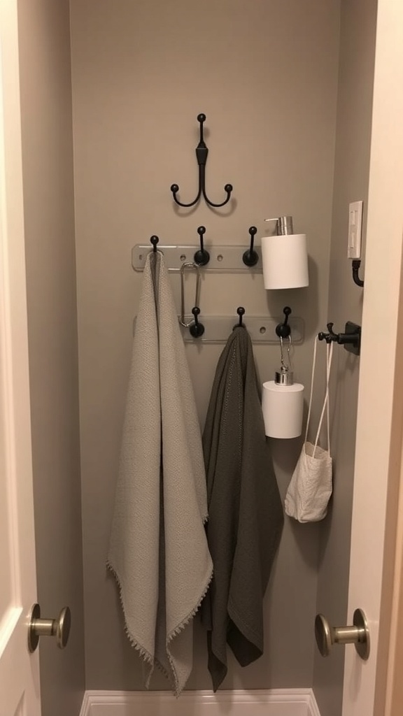 A small bathroom wall with decorative hooks for towels and accessories.
