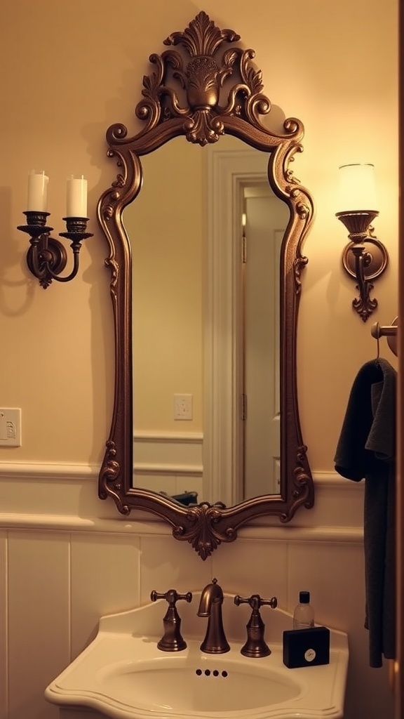 A vintage bathroom featuring an ornate antique mirror and classic sconces, creating a warm and inviting atmosphere.