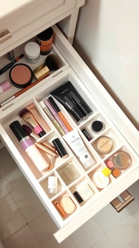 Organized bathroom drawer with dividers holding various beauty products.