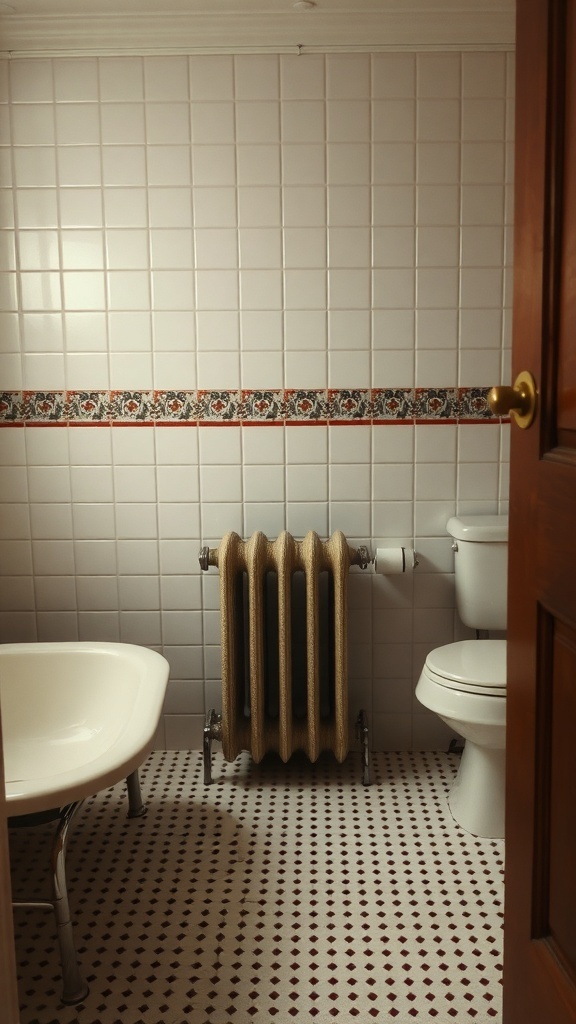A vintage bathroom featuring a classic radiator, white tiled walls, and patterned flooring.