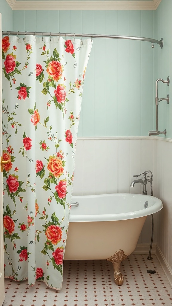 A vintage bathroom featuring a floral shower curtain and a clawfoot tub.