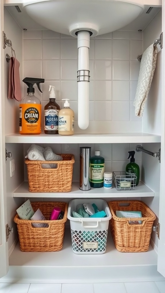 Organized under-sink storage with cleaning supplies and woven baskets