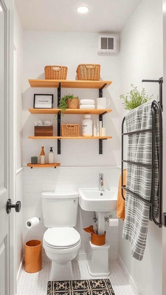 Small bathroom with vertical storage shelves above the toilet, featuring baskets and plants.