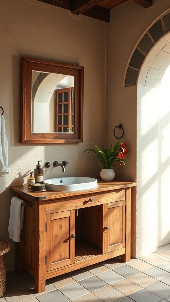 Rustic wooden vanity in a Tuscan bathroom with a round sink and a mirror.