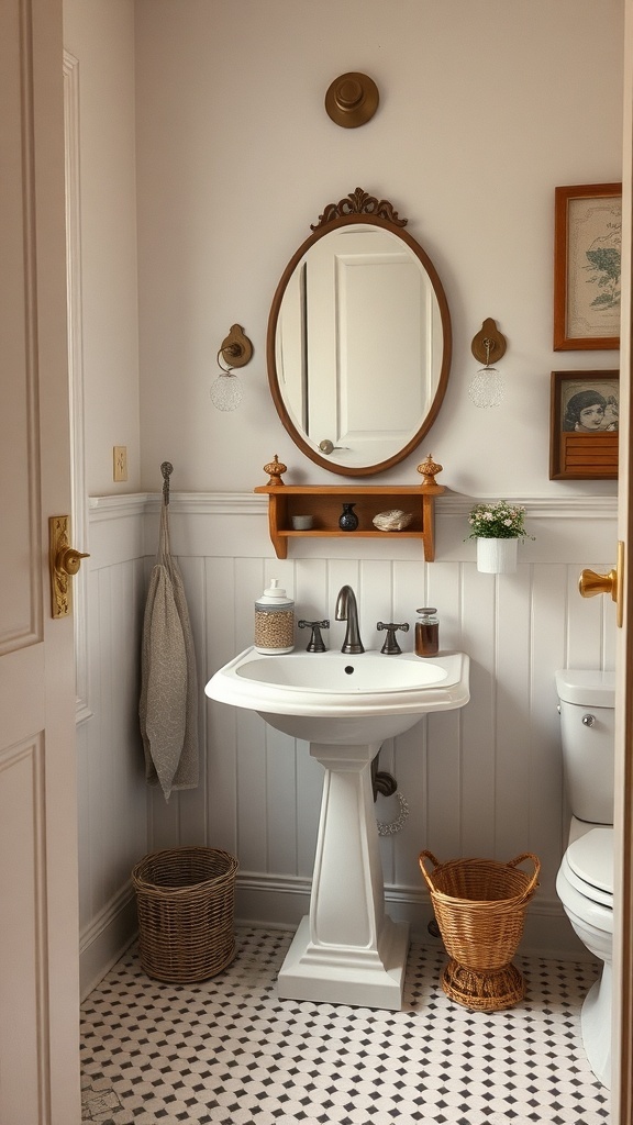 A charming bathroom featuring a pedestal sink, decorative mirror, and woven baskets.