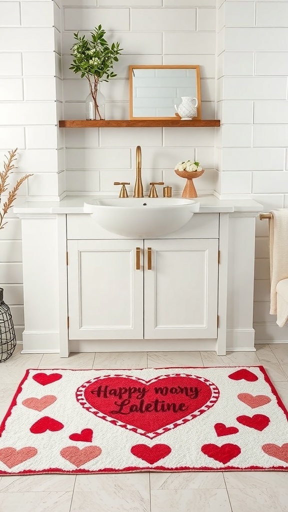A Valentine-themed rug with a large heart and the words 'Happy merry Valetine' in a bathroom setting.