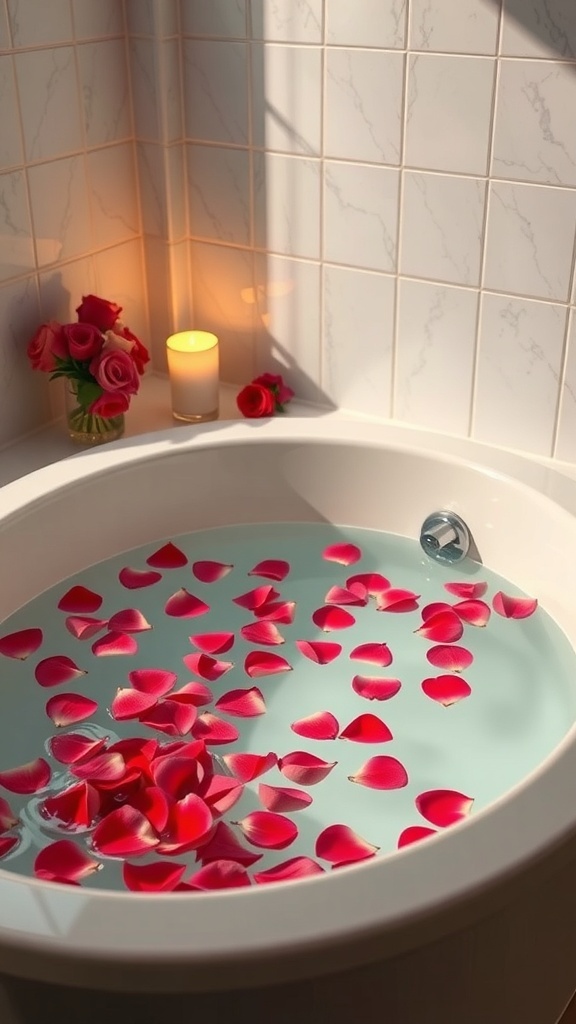 A cozy bathtub filled with water and rose petals, with a candle and fresh roses nearby.