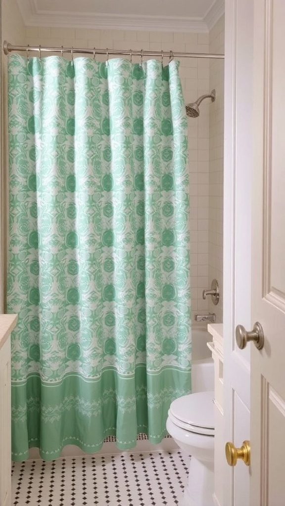 A classic mint green shower curtain with a floral pattern in a bathroom setting.