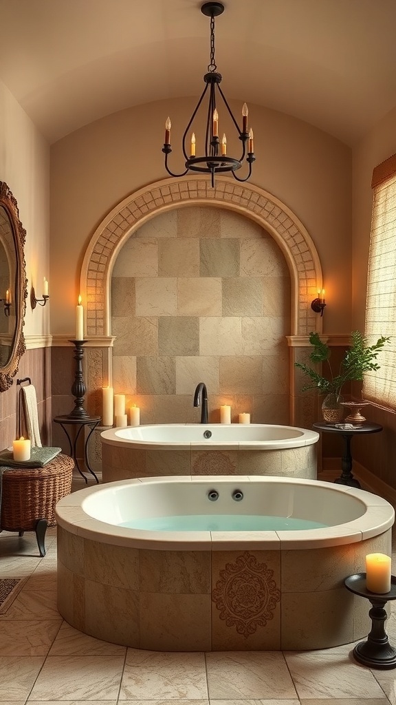 Luxurious bathroom featuring two soaking tubs, candles, and elegant decor.