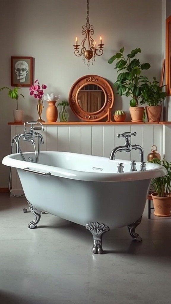 A charming vintage bathroom featuring a clawfoot bathtub, potted plants, and elegant lighting.