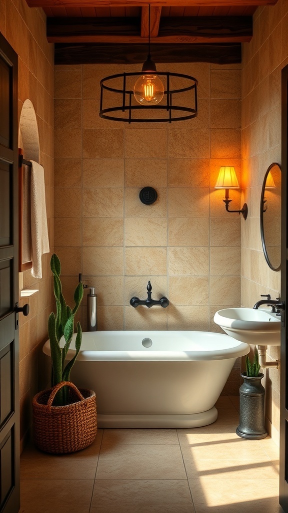 A cozy Tuscan bathroom with warm lighting, featuring a bathtub, plants, and stone walls.