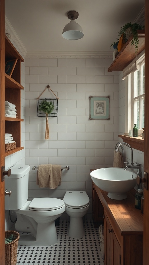 A rustic bathroom featuring wooden shelves, white tiles, and a hanging plant.
