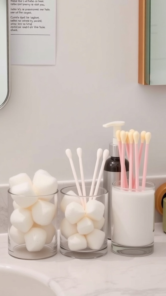 Clear containers filled with cotton balls and cotton swabs on a bathroom counter
