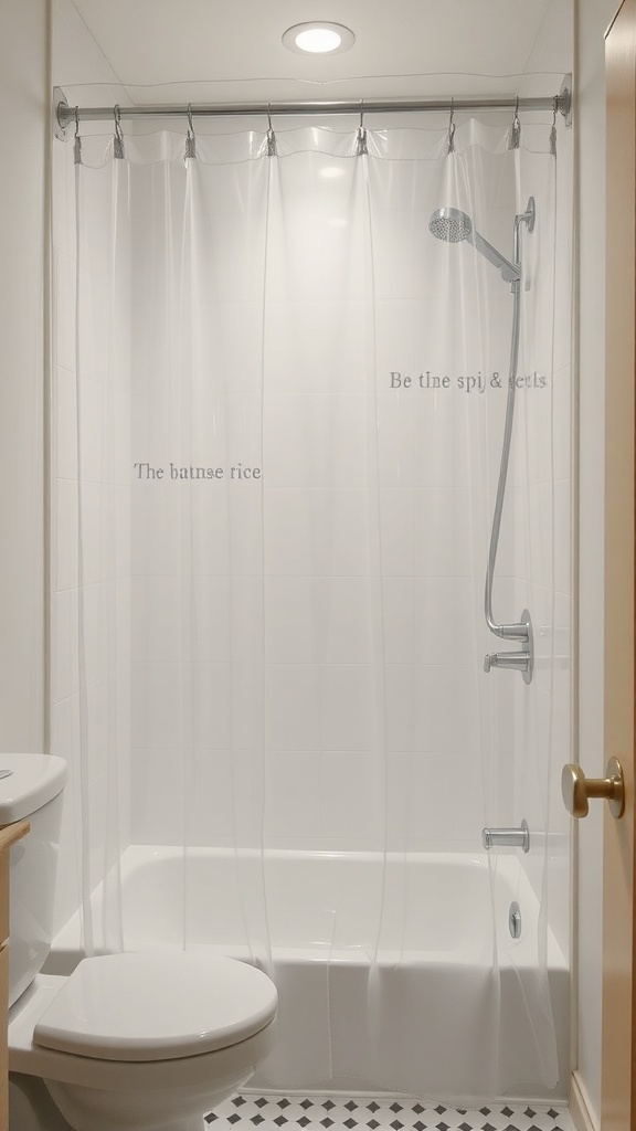 A clear shower curtain in a small bathroom, showcasing a showerhead and tub.
