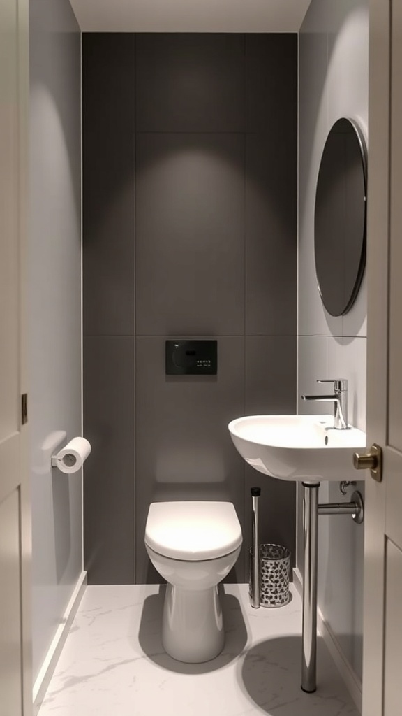 A compact bathroom featuring a modern toilet and pedestal sink with dark wall tiles and a round mirror.