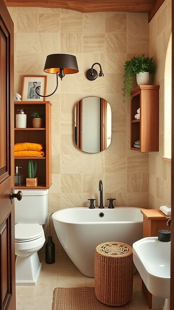 A stylish Tuscan bathroom featuring wooden storage, a round mirror, and a woven basket stool.