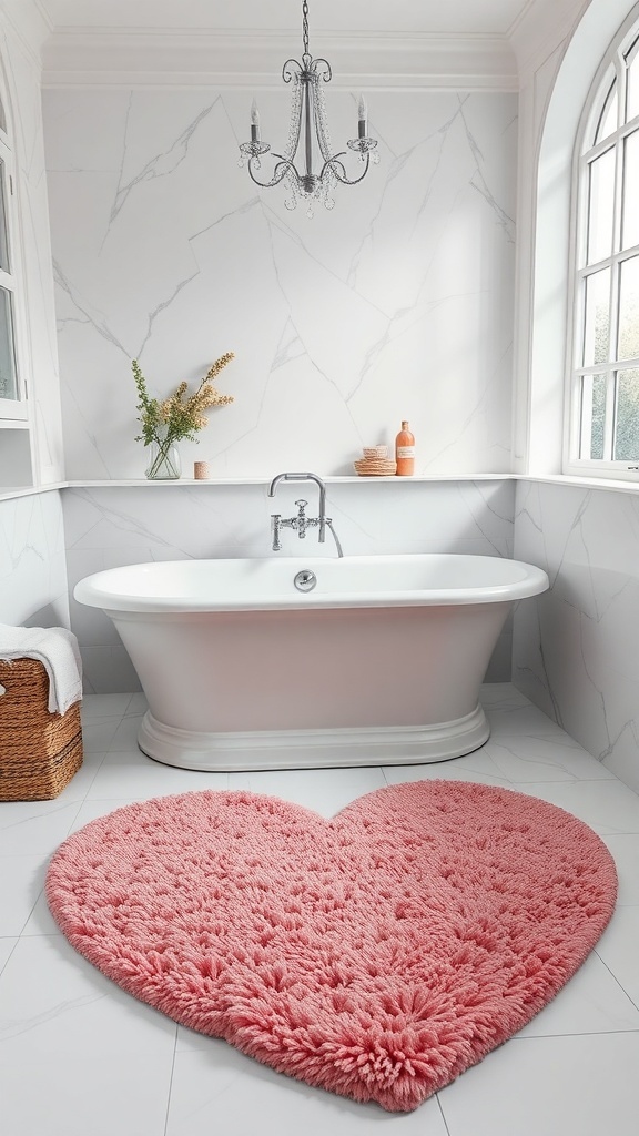 A heart-shaped pink bath mat in a stylish bathroom with a white bathtub and elegant decor.