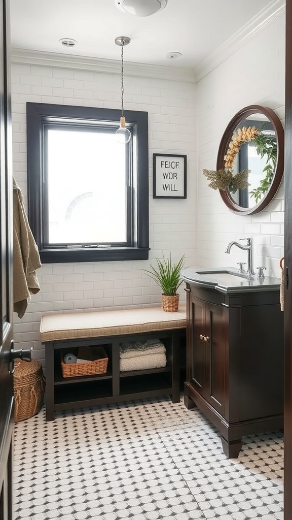 A small bathroom featuring a storage bench, sink cabinet, and decorative elements.