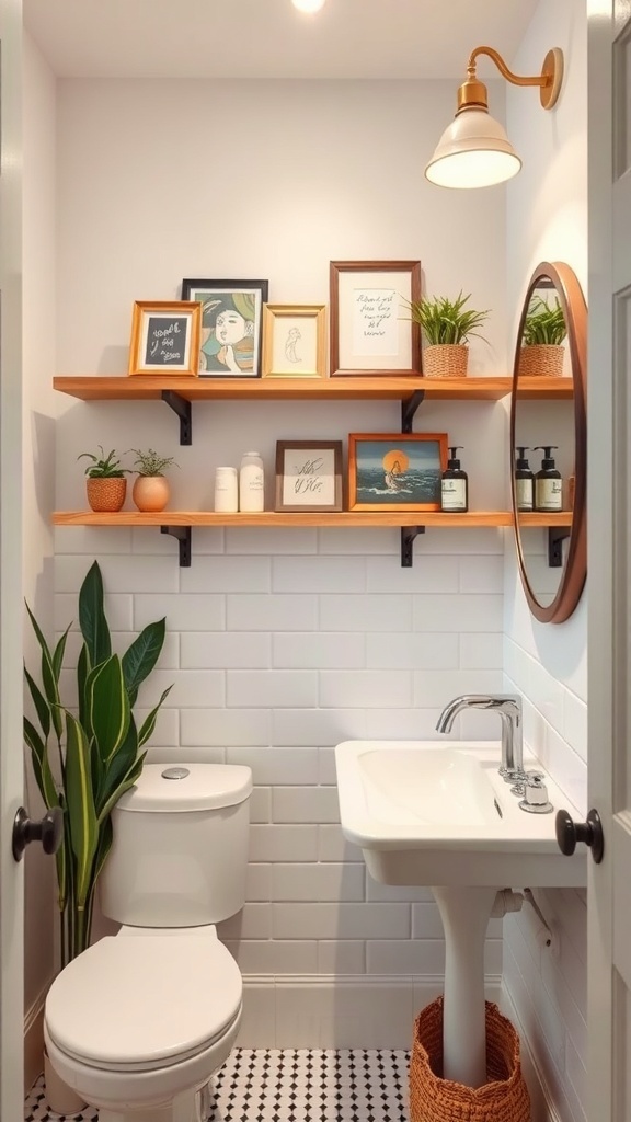 A small bathroom featuring floating wooden shelves with decorative items and plants, a round mirror, and a modern sink.