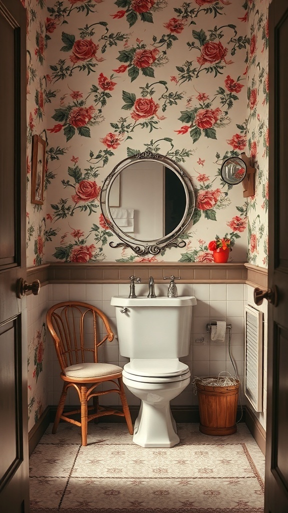A vintage bathroom featuring floral wallpaper, a white toilet, a round mirror, and a wooden chair.