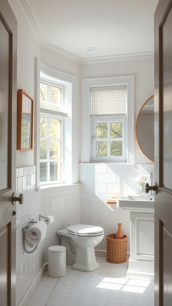 Bright small bathroom with large windows and light decor