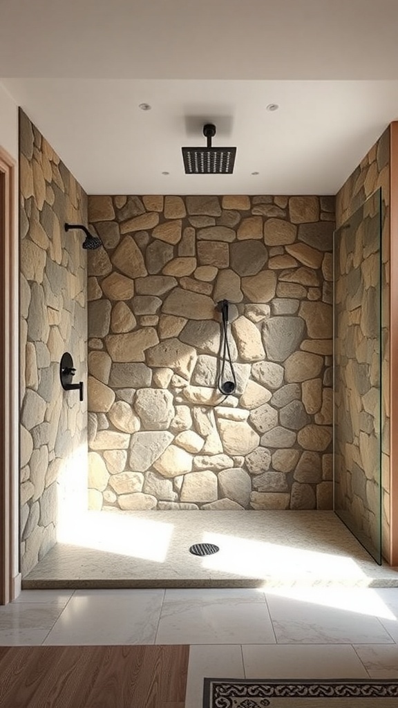 Open shower with a stone wall and modern fixtures