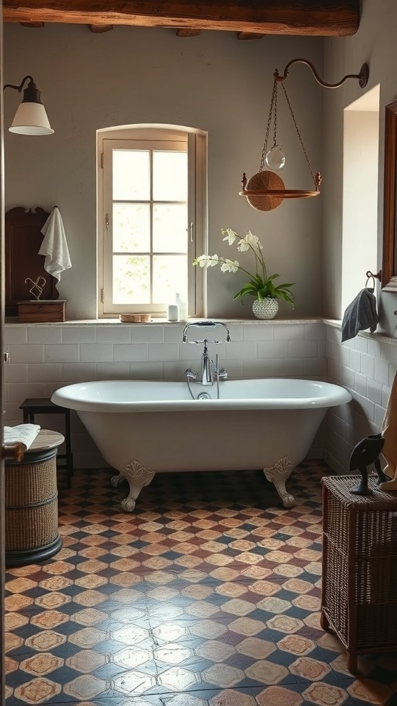 A vintage clawfoot bathtub in a Tuscan-style bathroom with patterned flooring and natural light.
