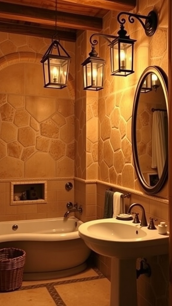 A Tuscan bathroom featuring charming lantern lighting, stone walls, and a cozy atmosphere.