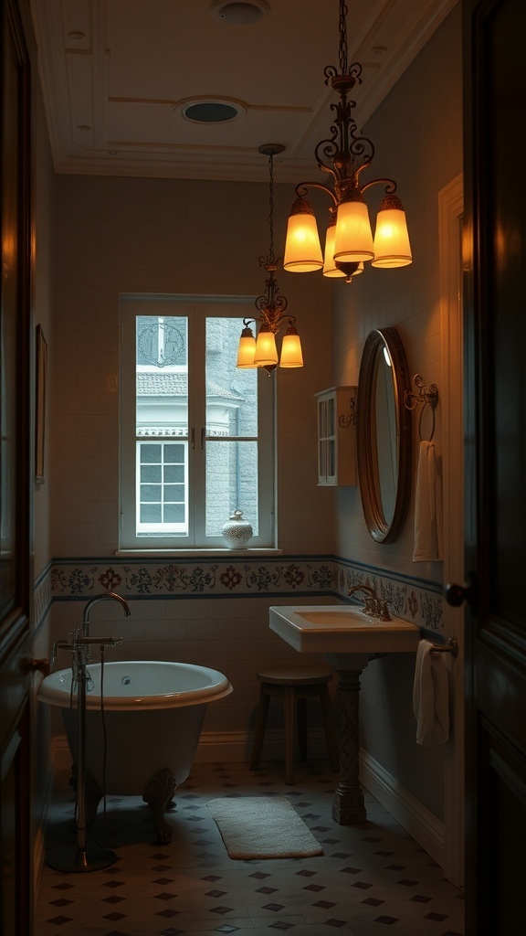 A beautifully lit bathroom featuring elegant hanging light fixtures, a vintage bathtub, and a modern sink.