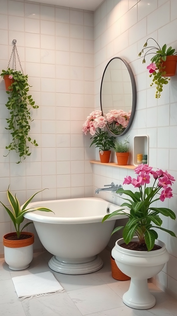 A beautifully decorated bathroom featuring plants and flowers, creating a romantic atmosphere.