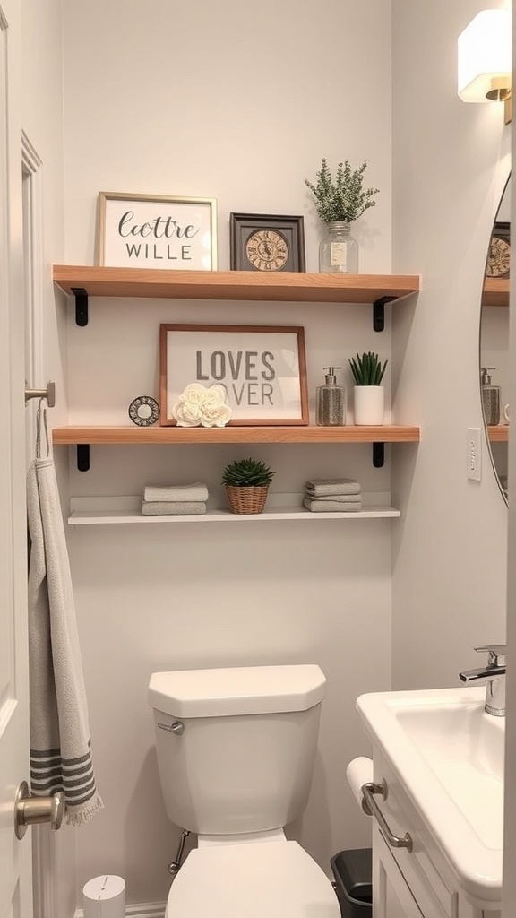 Floating shelves in a bathroom displaying decorative items and neatly rolled towels.