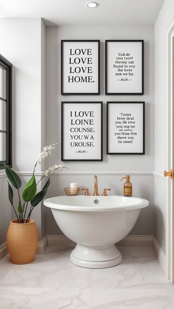 A stylish bathroom featuring framed love quotes on the wall, a round bathtub, and a plant.