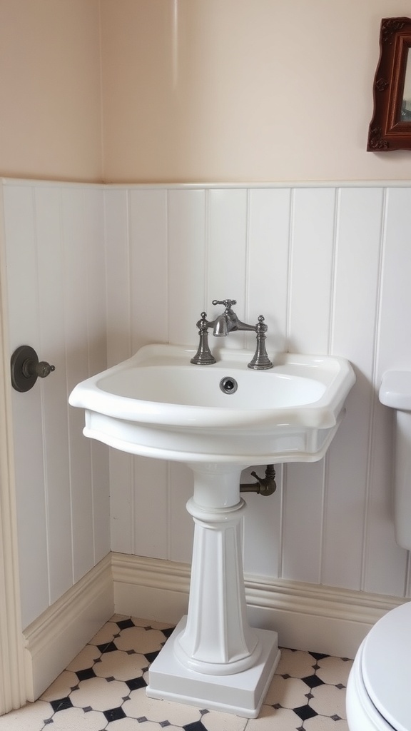 A vintage-style pedestal sink with elegant faucets in a softly colored bathroom.