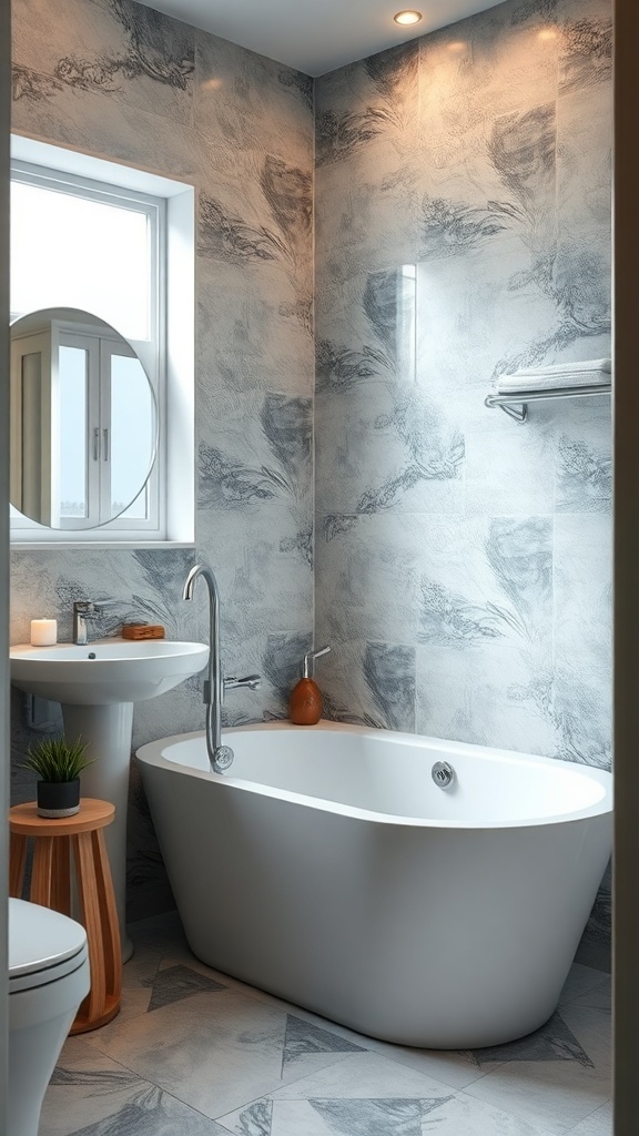 A modern compact bathtub in a small bathroom with textured wall tiles and natural light.
