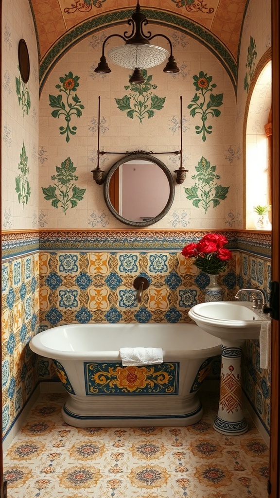 A beautifully designed Tuscan bathroom featuring handcrafted ceramic tiles with floral patterns and a freestanding bathtub.