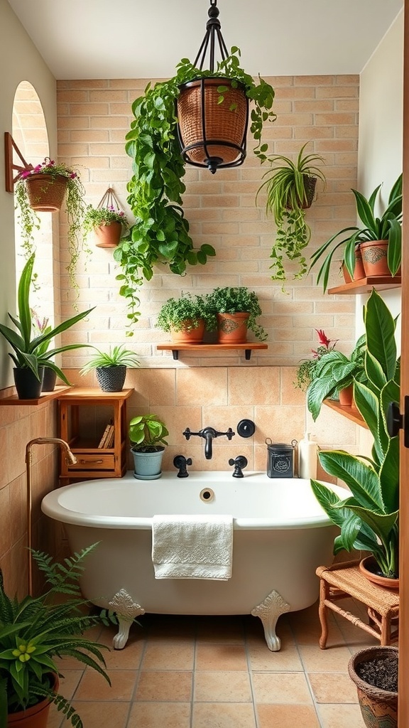 A Tuscan bathroom filled with various indoor plants, featuring a vintage bathtub and wooden accents.