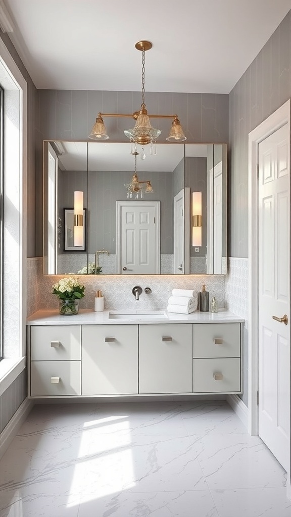 Modern bathroom featuring a mirrored cabinet, stylish lighting, and a bright, airy design.