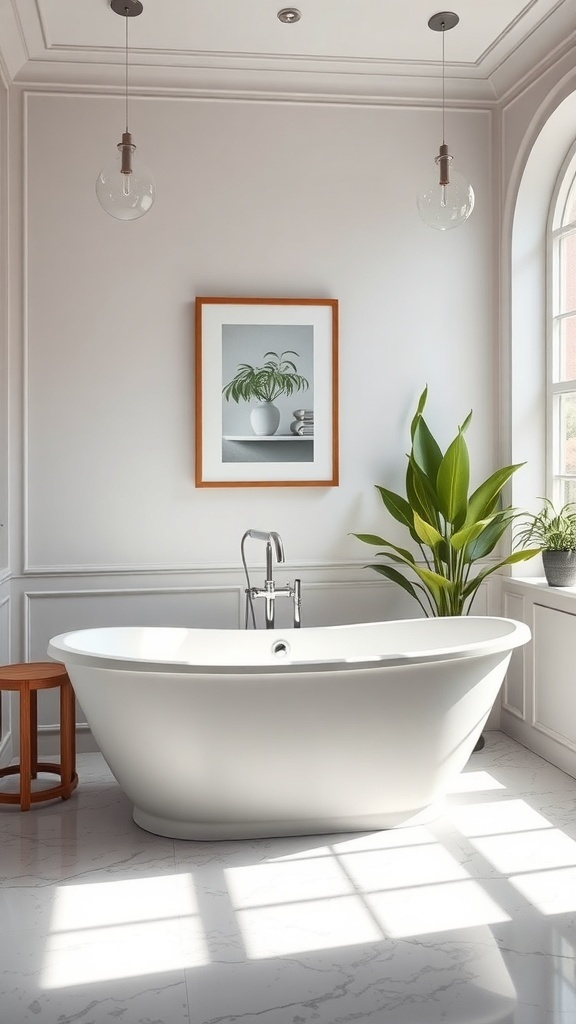 A stylish freestanding bathtub in a bright bathroom with a potted plant and wooden stool.