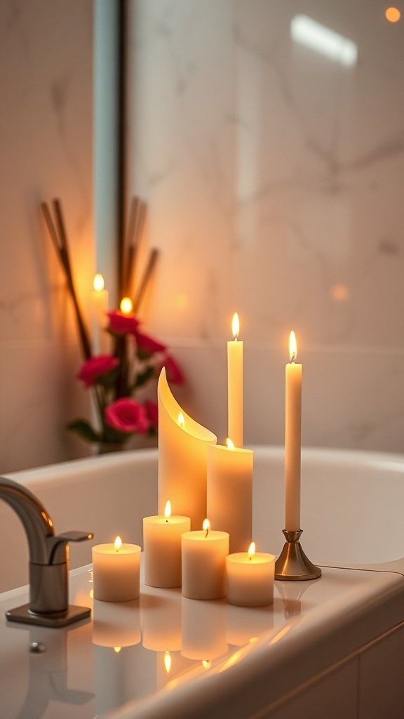 A romantic candle arrangement on a bathtub with white candles and pink roses in the background.