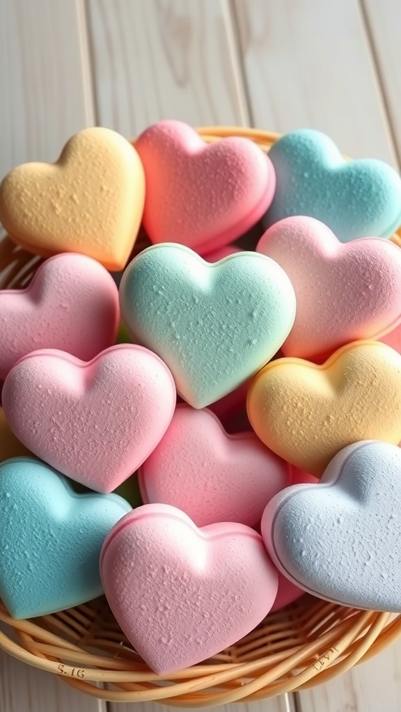A basket filled with colorful heart-shaped bath bombs in pastel shades.