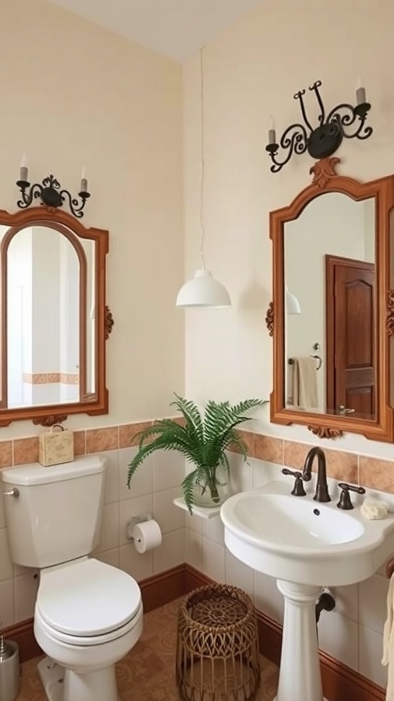 A Tuscan bathroom featuring vintage mirrors, soft lighting, and natural accessories.